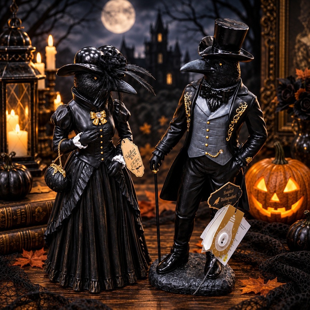 Hallow's Eve Regal Raven Couple Figurines Large Halloween Decor Gothic Victorian